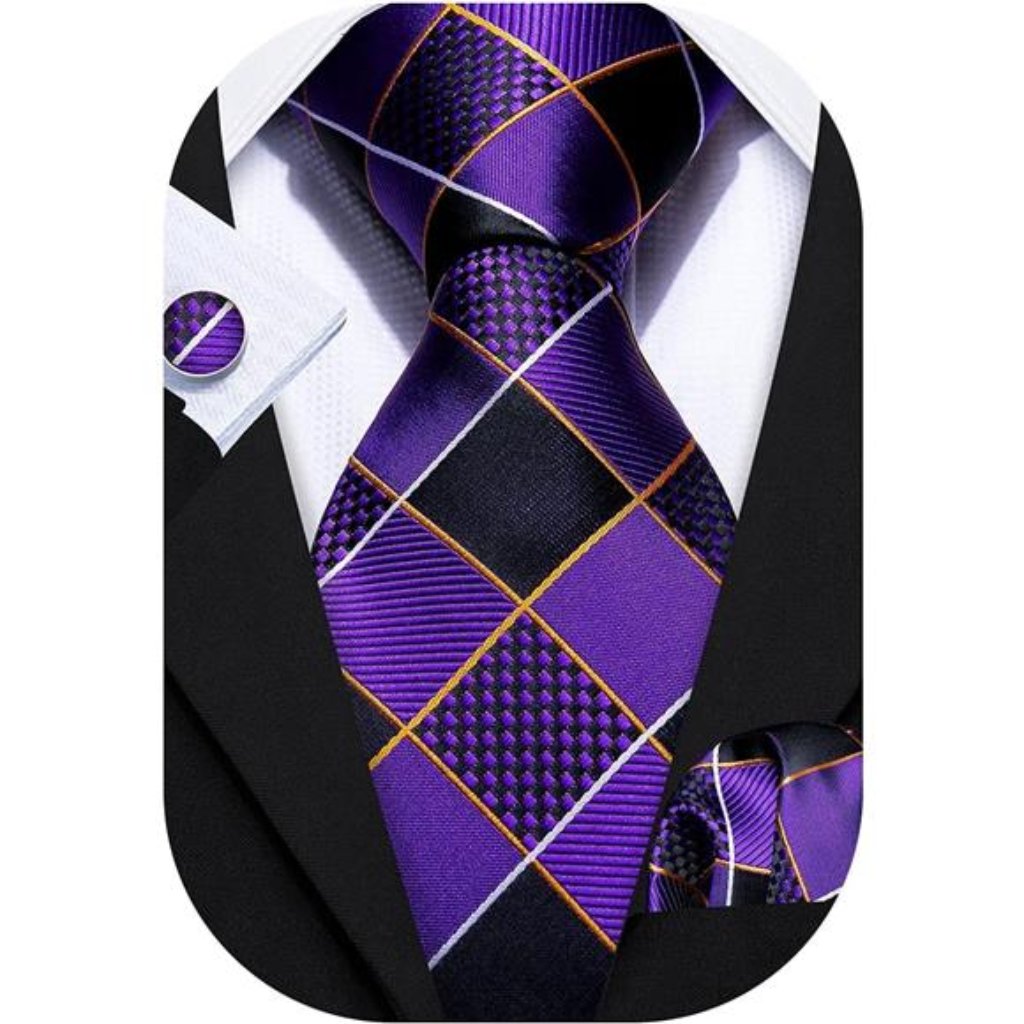 Plaid Ties Check Mens Necktie Set With Handkerchief Cufflinks Classic Stripe